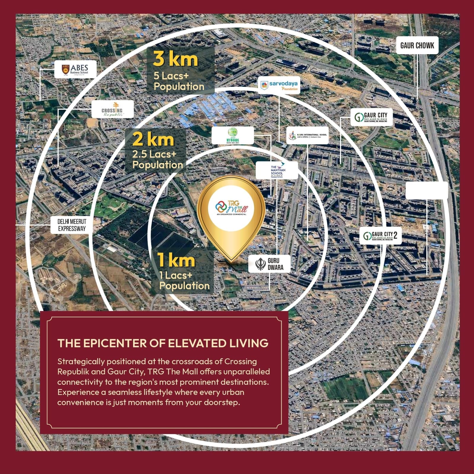 Map showing TRG The Mall between Gaur City, Gaur City 2, Gaur Chowk, Crossing Republik and the Delhi-Meerut Expressway